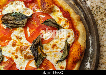 New York style pizza Margherita con mozzarella fresca e le foglie di basilico Foto Stock