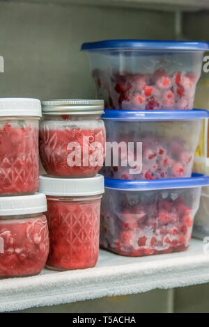 Vasi di lampone freezer marmellata e contenitori di plastica di lamponi in un congelatore verticale. Foto Stock