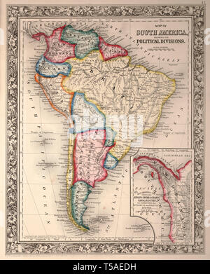 Bella vintage disegnato a mano illustrazioni Mappa di Sud America da vecchio libro. Può essere usato come un poster o un elemento decorativo per la progettazione di interni. Foto Stock