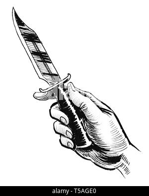 Mano che tiene un coltello. L'inchiostro bianco e nero disegno Foto Stock