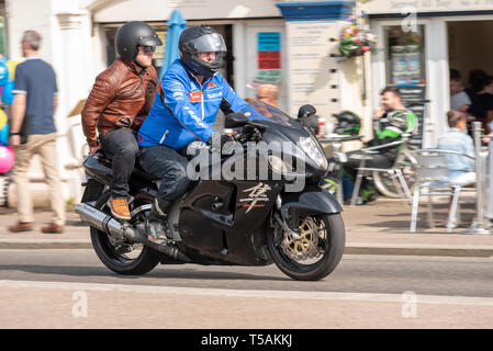 Suzuki Hayabusa o GSX1300R in sella alla moto all'evento Southend Shakedown Resurrection 2019, Southend on Sea, Essex Foto Stock