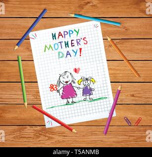 Felice Festa della Mamma Baby disegnati a mano illustrazione della madre tenere le mani con la figlia su controllato il foglio di carta o carta grafica sulla tabella di legno con colore Illustrazione Vettoriale