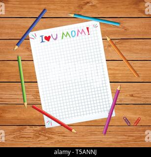 Ti amo mamma. Felice Festa della Mamma Sketchy tipografia su foglio di Notebook sfondo con copia spazio. I ragazzi complimenti scritto a mano elemento Lettering Illustrazione Vettoriale