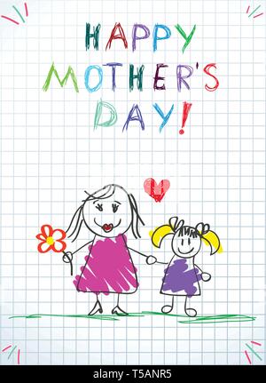Felice giorno delle madri di bambini colorato disegni a matita di MOM con fiore e figlia tenendo le mani sul notebook quadrata sullo sfondo del foglio. Il messaggio di saluto del bambino Illustrazione Vettoriale