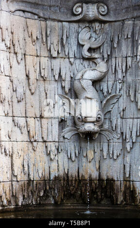 Un drago-pesci gargoyle sgorga acqua in una piscina al Biltmore Estate in Asheville, NC, Stati Uniti d'America Foto Stock