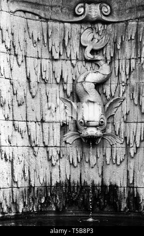 Un drago-pesci gargoyle sgorga acqua in una piscina al Biltmore Estate in Asheville, NC, Stati Uniti d'America Foto Stock