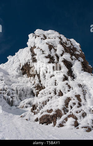 Parco nazionale di Tongariro, Nuova Zelanda. Dettaglio del ghiaccio, neve e roccia sul Monte Ruapehu Foto Stock