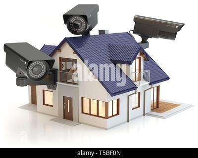 3 telecamere di sicurezza e la casa, 3D illustrazione Foto Stock