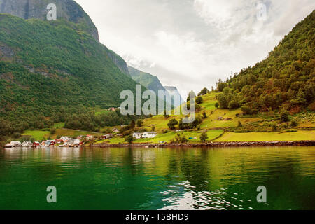 Le piccole case del comune sul fiordo, fotografata da una crociera turistica traghetto in partenza in estate da Flam, Norvegia vista di un villaggio sul bordo Foto Stock