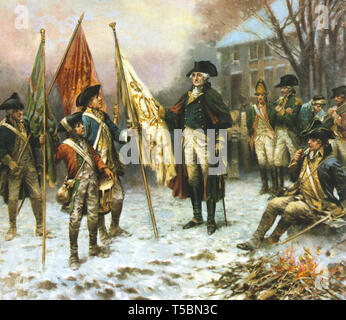 General George Washington in piedi con un gruppo di soldati guardando le bandiere catturate dal britannico durante la Battaglia di Trenton, 1776, litografia da Hayes Litho Co da un dipinto di Percy Moran, 1914 Foto Stock