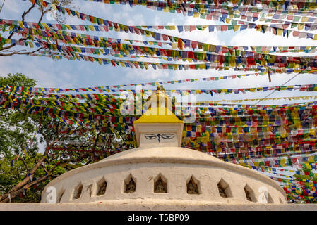 Stupa buddisti e un sacco di bandiere di preghiera durante un poco nuvoloso mattina di primavera presso il tempio delle scimmie (Swayambhunath tempio) a Kathmandu in Nepal Foto Stock