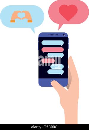 Mano a chattare con smartphone emojis invio Illustrazione Vettoriale