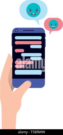 Mano a chattare con smartphone emojis invio Illustrazione Vettoriale