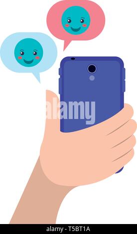 Mano a chattare con smartphone emojis invio Illustrazione Vettoriale