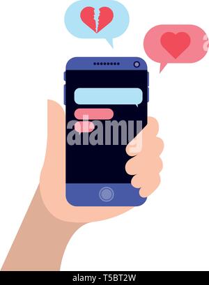 Mano a chattare con smartphone emojis invio Illustrazione Vettoriale