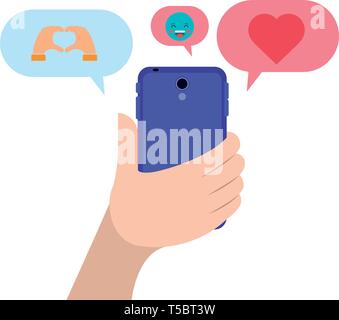 Mano a chattare con smartphone emojis invio Illustrazione Vettoriale