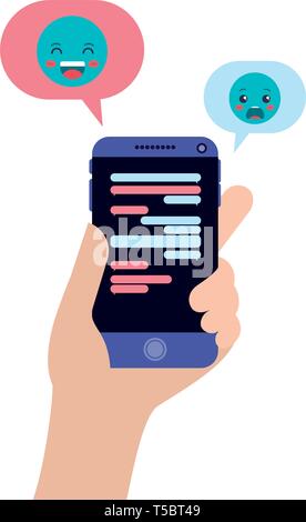 Mano a chattare con smartphone emojis invio Illustrazione Vettoriale