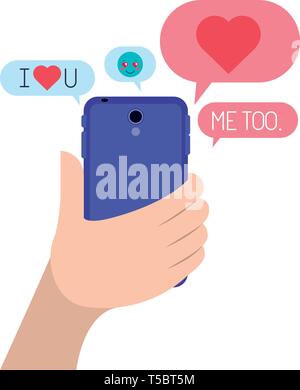 Mano a chattare con smartphone emojis invio Illustrazione Vettoriale