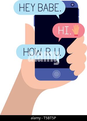 Mano a chattare con smartphone emojis invio Illustrazione Vettoriale