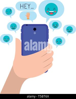 Mano a chattare con smartphone emojis invio Illustrazione Vettoriale