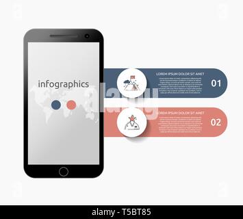 Concetto di vettore del dispositivo smartphone Una infografica. Mobile modello piana le linee. Il concetto di business con 2 opzioni per la presentazione, il diagramma di flusso di fasi, Illustrazione Vettoriale