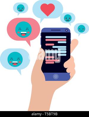 Mano a chattare con smartphone emojis invio Illustrazione Vettoriale