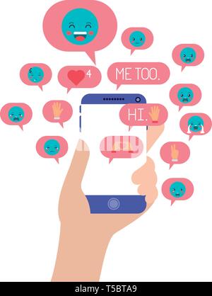 Mano a chattare con smartphone emojis invio Illustrazione Vettoriale