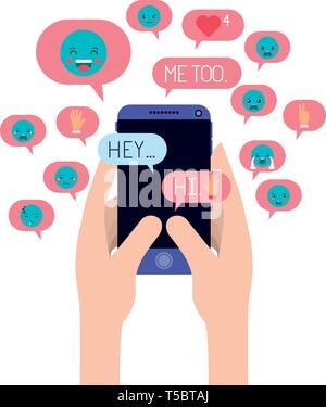 Mano a chattare con smartphone emojis invio Illustrazione Vettoriale