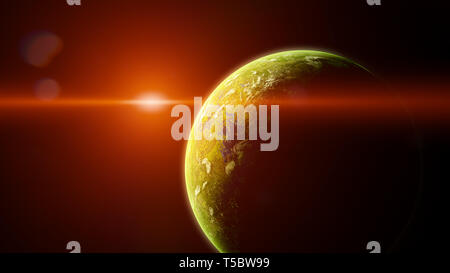 Sunrise over forest exoplanet, giungla pianeta alieno in una lontana star system (spazio 3D render) Foto Stock