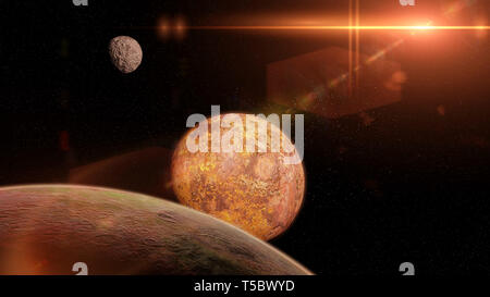 Pianeta alieno sistema, bella esopianeti nello spazio esterno (3d rendering, fantascienza sfondo) Foto Stock