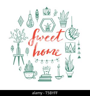 Home decor e casa di vettore di piante disegnati a mano impostato. Home decorazioni e gli elementi del design degli interni.boho isolato e scandinavo cartoon schizzi Illustrazione Vettoriale