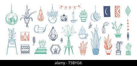 Home decor e casa di vettore di piante disegnati a mano impostato. Home decorazioni e gli elementi del design degli interni.boho isolato e scandinavo cartoon schizzi Illustrazione Vettoriale