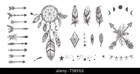 Stile Boho vettore collezione per tattoo, icona, volantini,carte con dreamcatcher ,piume,moon,selvatica,frecce Bohemian set tribali Illustrazione Vettoriale