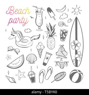 Grande set di estate disegno vettoriale doodle elementi. Spiaggia raccolta, frutti tropicali, costume da bagno, surf. Disegnato a mano schizzi isolato su bianco backgroun Illustrazione Vettoriale