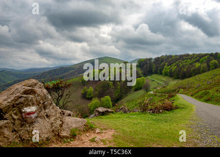 Paesaggio di paga il basco, il verde delle colline. Campagna francese nei Pirenei nel Paese Basco, Francia Foto Stock