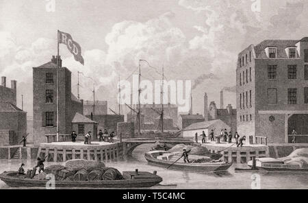 Ingresso al Regent's Canal, Limehouse, Londra, illustrazione di Th. H. Pastore, 1828 Foto Stock
