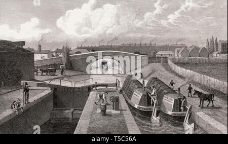 La doppia serratura e Ingresso Est a Islington Tunnel, Regent's Canal, Londra, illustrazione di Th. H. Pastore, 1828 Foto Stock
