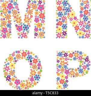 Parte Alfabeto, le lettere M, N, O, P riempita con una varietà di fiori colorati isolati su sfondo bianco illustrazione vettoriale Illustrazione Vettoriale
