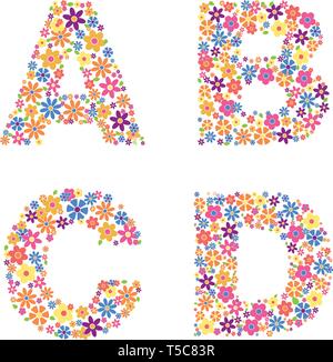 Parte alfabeto, lettere A, B, C, D riempito con una varietà di fiori colorati isolati su sfondo bianco illustrazione vettoriale Illustrazione Vettoriale
