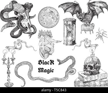 Black magic tattoo adesivi set. Occulto, horror, rituale, stregoneria, musica heavy metal, gotico incisione simboli di stile collezione: teschi e candele, fl Illustrazione Vettoriale