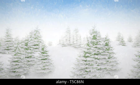 Sfondo di Natale digitale effetto pittura paesaggio invernale paesaggio con la caduta di neve e cielo blu. 3D render Foto Stock