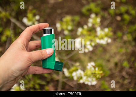 Allergia alle piante fiorite. Asma inalatore concetto. Foto Stock