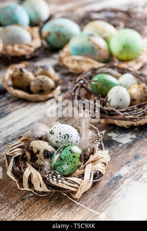 Uova di Pasqua in nidi. Decorazioni di pasqua. Superficie rustico. Messa a fuoco selettiva Foto Stock
