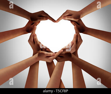 Cuore mani come un gruppo di persone diverse mani collegate insieme conformata come un simbolo di amore che esprime la sensazione di essere felice e di stare insieme. Foto Stock