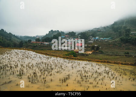 Bellissime vedute di paesaggi di terrazze di riso durante l inverno fuori stagione con acqua fangosa nei campi. Foto Stock