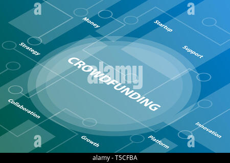 Parole crowdfunding isometrica, 3d parola concetto di testo con alcune relative testo e dot collegato - illustrazione vettoriale Foto Stock