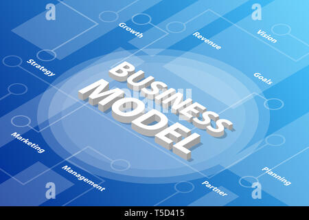 Modello di business isometrica, 3d parola concetto di testo con alcune relative testo e dot collegato - illustrazione vettoriale Foto Stock