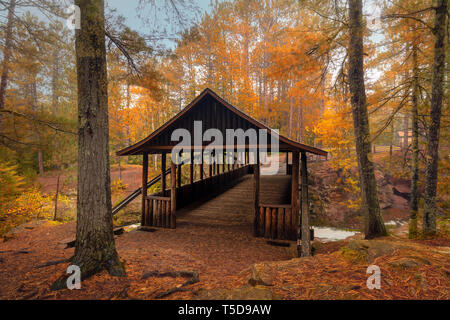 Una cabina in una foresta con autunno golden lasciare i colori Foto Stock