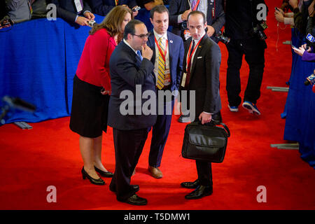 Immagini dalla camera di spin dopo il dibattito presidenziale di San Louis tra Trump e Hillary Clinton. Foto Stock