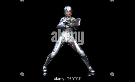 Il futuristico android soldato donna in bulletproof armor, militare ragazza cyborg armati con sci-fi fucile spari su sfondo nero, rendering 3D Foto Stock